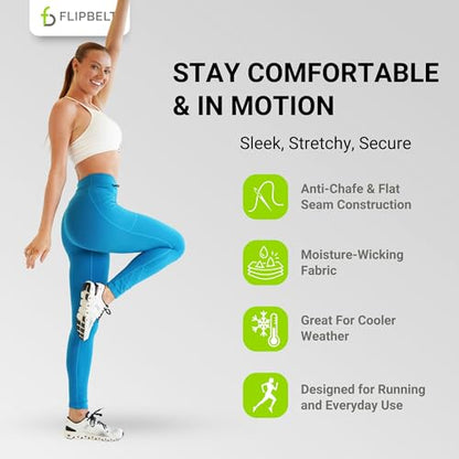 FlipBelt Women's Thermal Fleece-Lined Leggings with Built-in Running Belt with Pockets High-Waisted Moisture-Wicking - color: Blue Bay, size: X-Large