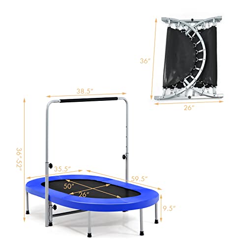 Giantex Mini Trampoline, 2 Persons Foldable Fitness Trampoline w/ 5 Levels Height Adjustable Handle, Max Load 330LBS, Indoor Oval Rebounder Exercise Trampoline for Adult, Kid, Enjoy Parent-child Time - color: Blue