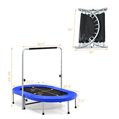 Giantex Mini Trampoline, 2 Persons Foldable Fitness Trampoline w/ 5 Levels Height Adjustable Handle, Max Load 330LBS, Indoor Oval Rebounder Exercise Trampoline for Adult, Kid, Enjoy Parent-child Time - color: Blue