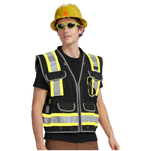 AYKRM Heavy Woven cotton High Vis Reflective work construction safety vest for men Class 2 with ipad Cargo Back Pocket - color: Black, size: 4X-Large