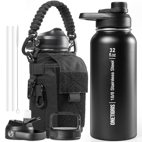 ONETIGRIS 32oz Insulated Tactical Water Bottle with Straw & MOLLE Sleeve - color: Black