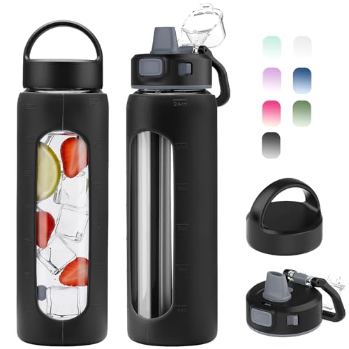 Kodrine 24oz Glass Water Bottle With Straw and 2 Lids, Black - color: Black, size: 24 Ounces