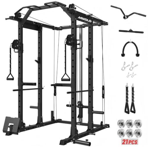Mikolo Power Cage, Power Rack with Cable Crossover System, 1500LBS Squat Rack with LAT Pull Down System, Workout Cage with Pulley System for Fitness Home Gym - color: Black, style: K6 Ultra (Aluminum Pulley)