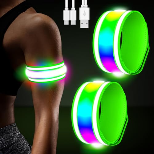 LED Armband Rechargeable for Running(2 Pack),Light Up Arm Bands for Night Walking,Running Lights for Runners,High Visibility Reflective Running Gearr for Night Safety Light Up Wristbands - size: Green