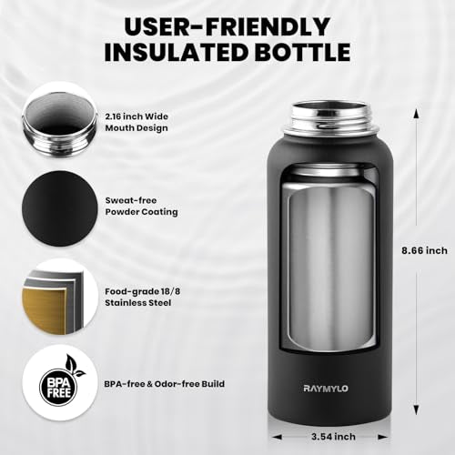RAYMYLO Insulated Water Bottle 32 oz, Triple Wall Vacuum Stainless Steel - color: Magic Black, size: 32 Ounces