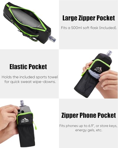 Zelvot 17 oz Running Water Bottle Handheld with Phone Holder, Green