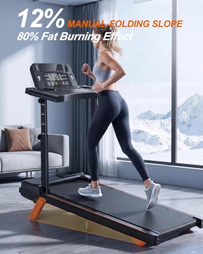 12% Incline Multifunctional Walking Pad with Height-Adjustable Handle Bar and Built-in Removable Desk, 8.0MPH/3.5HP Small Treadmill, 350LBS Weight Capacity Compact Treadmills (Black Orange)