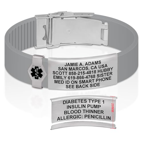 Divoti Custom Dual-Sided Engraved Silicone Medical Alert ID Wristband w/Security Clasp & Trim-to-Fit Band - Style - color: Concrete Gray / Brushed Stainless Silver / Black, size: Band Width - 19mm