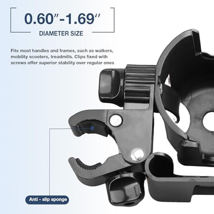 WHLICKS 2-in-1 Walker Cup Holder with Reversible Phone Holder，Fit for Wheelchair, Rollator, Scooter, Bike, Mobility, Camper, Stroller with Sturdy,Rotatable,Adjustable and Anti - Slip Clip - size: Reversible