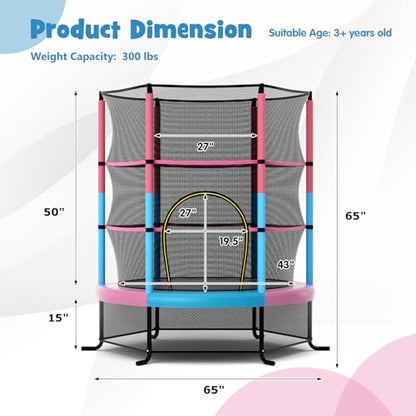 GYMAX Toddler Trampoline, 55” Trampoline for Kids with Bottom-to-Top All-Round Enclosure Net & Seamless Jumping Mat, ASTM Approved Easy Assembly Kids Mini Trampolines Indoor/Outdoor - color: Pink Blue