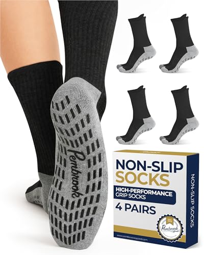 Pembrook Non Slip Crew Grip Socks Men & Women - 4 Pairs | Non Slip Socks for Elderly, Hospital, Pilates, Yoga, Barre, Home - color: Black - 4 Pairs, size: Medium