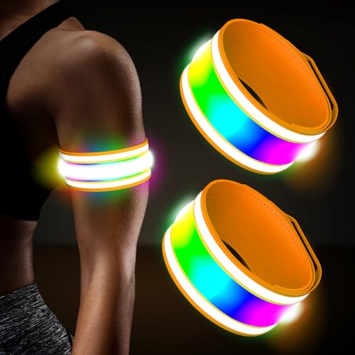 LED Armband Rechargeable for Running(2 Pack),Light Up Arm Bands for Night Walking,Running Lights for Runners,High Visibility Reflective Running Gearr for Night Safety Light Up Wristbands - size: Orange