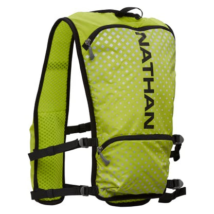 Nathan Hypernight QuickStart 2.0 4 Liter Hydration Pack w/ 1.5L Bladder, Reflective to Be Seen at Night, Front Water Bottle Pockets, Moisture Wicking, Unisex - style: Hi Vis Yellow/Geo Print