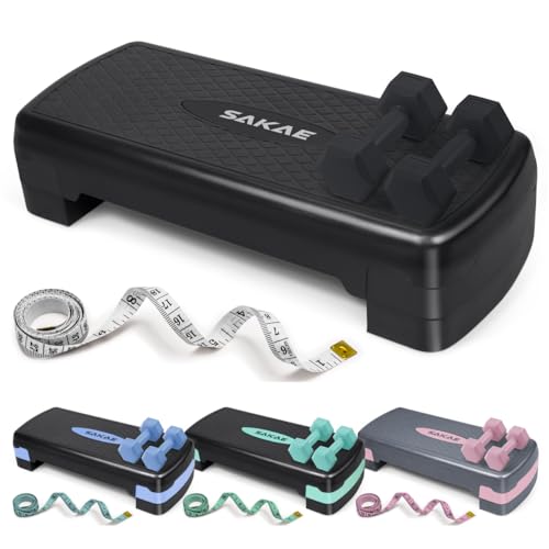 SAKAE Step Aerobics Platform Set with Dumbbells & Measuring Tape, Aerobic Steppers for Exercise at Home, Adjustable Height 2 Level Risers Workout Step Trainer with Non-Slip Surface, Multiple Colors - color: Black
