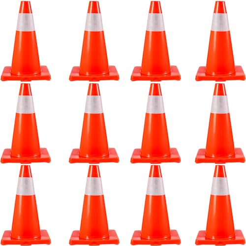 VEVOR 12Pack 18" Traffic Cones, Safety Road Parking Cones PVC Base, Orange Traffic Cone with Reflective Collars, Hazard Construction Cones for Home Traffic Parking - size: 18"(12Cones)
