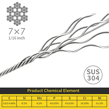 1/16 Wire Rope, 200FT 304 Stainless Steel Cable with 100Pcs Crimp Sleeves, Aircraft Grade, 7x7 Strand, 368lbs Breaking Strength, for Garden Trellis, Clothesline, Railing,Trellis - size: 200 ft