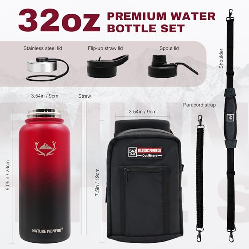 NATURE PIONEOR 32 oz Insulated Water Bottle with Carrier Bag & 3 Lids - color: Red Black, size: 32 Ounces