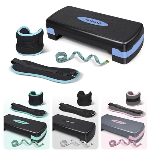 SAKAE Exercise Step Platform Set with Ankle Weights & Measuring Tape, Adjustable Height 2 Level Risers Workout Step Trainer, Aerobic Steppers for Home Gym Exercise Fitness Workout, Multiple Colors - color: Blue