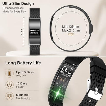 Efolen Smart Bracelet for Women Men, Activity Fitness Tracker, Smart Wristband with Heart Rate/Blood Oxygen/Sleep Monitor/Pedometer, IPX8 Waterproof Slim Smart Watch for Android iPhone, 2 Bands, Black - color: Black