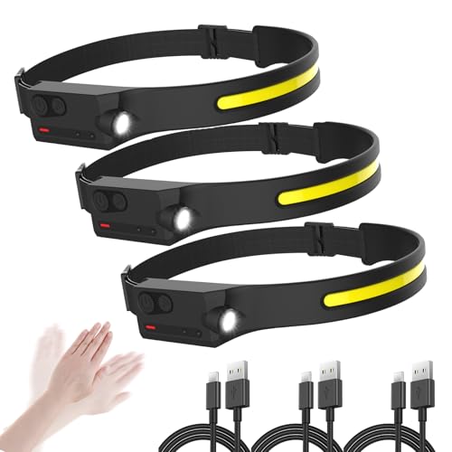 LED Headlamp Rechargeable with Motion Sensor Lamp Head light Ultra Bright - size: 3 Pack Black