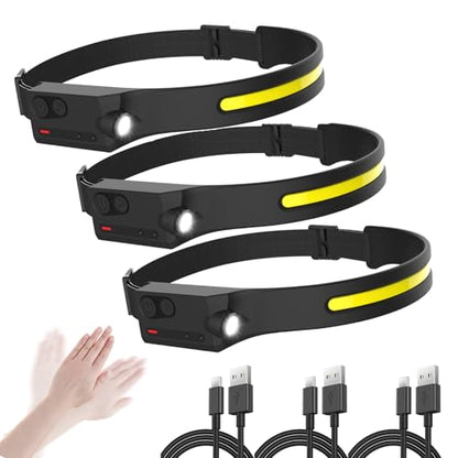 LED Headlamp Rechargeable with Motion Sensor Lamp Head light Ultra Bright - size: 3 Pack Black