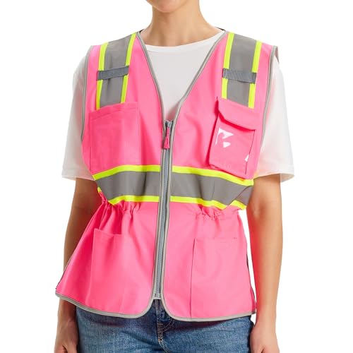 sesafety High Visibility Vest for Women, Slim Fit Drawstring Safety Vests - color: Pink, size: Large