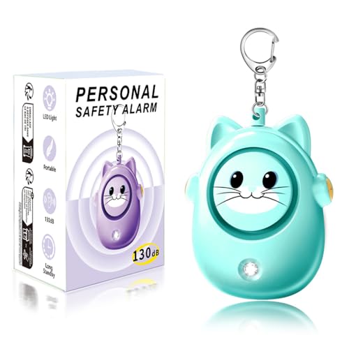 Personal Safety Alarm Keychain, 130dB Loud Siren, LED Light, Cute Cat Design Security Device for Women, Children, Elderly - color: Green