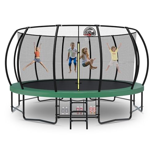 Tatub12 14 15 16FT Large Trampoline Outdoor for Kids, Basketball Hoop/Net - color: Green, size: 15FT with Storage Bag