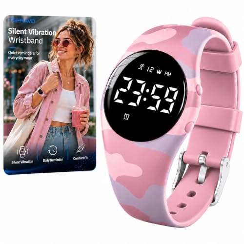 Alarm Clock for Heavy Sleepers Vibrating Wristband Silent Wake Up Watch with Fitness Tracker Step Counter Sleep Tracking Stopwatch Water Resistant Rechargeable Bracelet Adults Teens Kids - color: Camouflage Pink