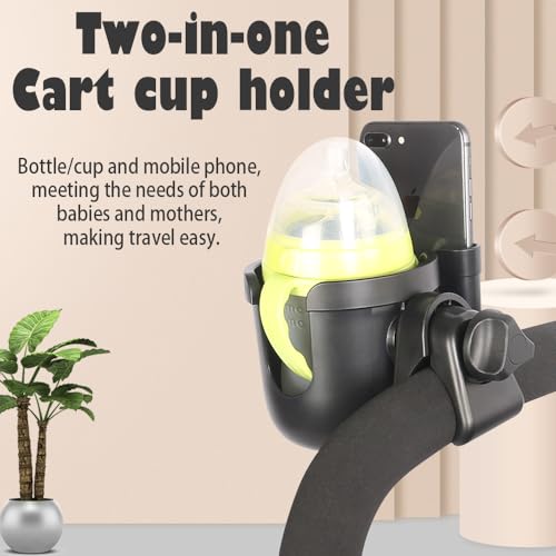 Wheelchair Cup Holder with Phone Holder, 360° Rotatable Adjustable Cup Holder for Walker Stroller Wheelchair Accessories, 2-in-1 Cup Holder Fits Folding & Rolling Walkers Seniors & Elderly