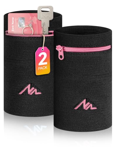NEWZILL Wrist Wallet Wristband with Zipper - Cotton Sweatbands for Men & Women, Ideal for Running, Walking, Basketball, Football, Tennis, Hiking - color: Black/Pink, style: Large-2PCS
