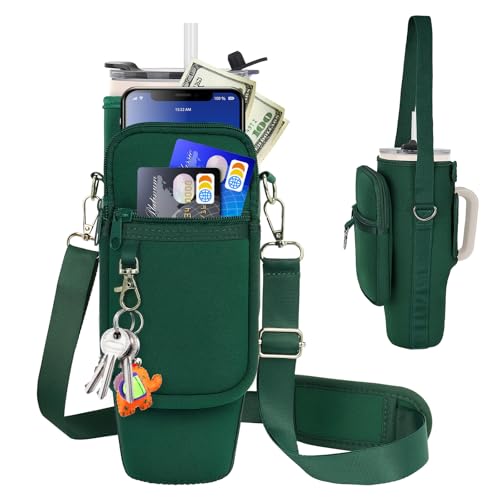 LEFOR·Z Water Bottle Carrier Bag with Phone Pocket Compatible with Stanley/Meoky 40 oz Tumbler with Handle,Water Bottle Holder Pouch with Adjustable Strap Compatible with Stanley Cup Accessories - color: Green-Style B