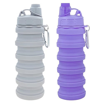 Collapsible Water Bottles Travel water bottle Sports Portable Sport Water Bottle Reusable Water Bottles comes with mountaineering Buckle 500ml silicone Water-proof camping water bottle - color: Light grey+Purple, style: 2 pack