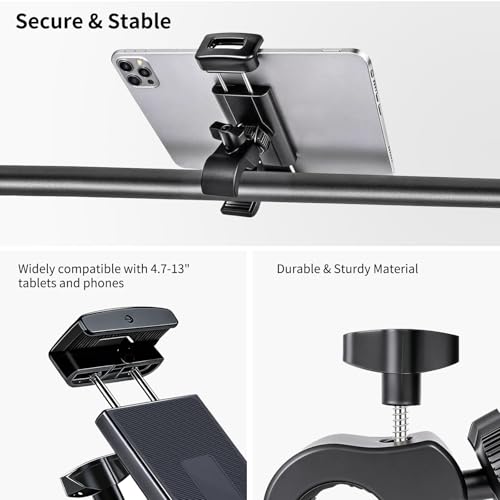 Tablet Holder Mount for Spin Bike,Phone iPad Holder Stand for Treadmill，Stationary Bicycle, Microphone Stand,Stroller, Gym,Tablet Clamp Fit for iPad Pro 12.9, Galaxy Tabs, iPhones,4.7-13”