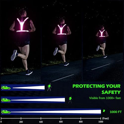 LED Reflective Vest Running Gear, USB Rechargeable Light Up Running Vest Chest Phone Holder for Runners Night Walking - color: Pink