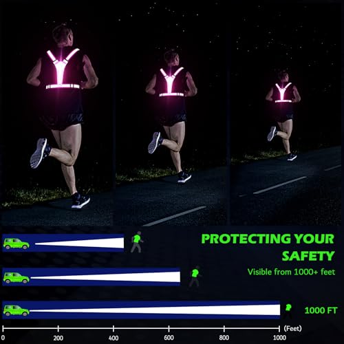LED Reflective Vest Running Gear, USB Rechargeable Light Up Running Vest Chest Phone Holder for Runners Night Walking - color: Pink