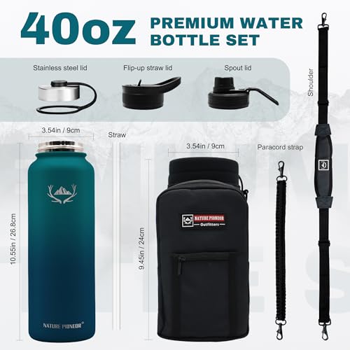 NATURE PIONEOR 40 oz Insulated Water Bottle with Carrier Bag & 3 Lids - color: Malachite Blue, size: 40 Ounces