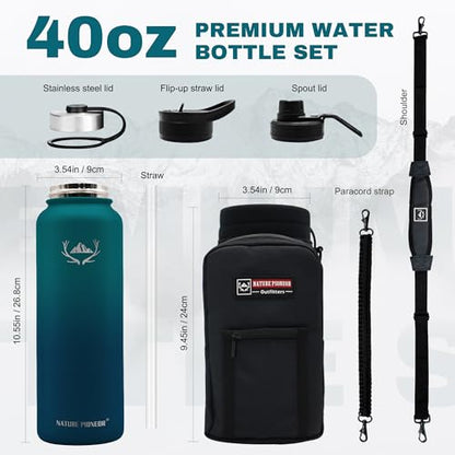 NATURE PIONEOR 40 oz Insulated Water Bottle with Carrier Bag & 3 Lids - color: Malachite Blue, size: 40 Ounces