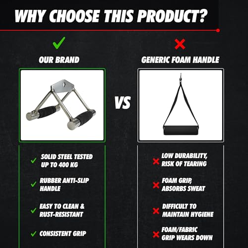 Cable Attachment Handles & Bars – One Hand, Double Handle, Triangle Grip, Straight Bar 50cm & Rope 120cm – Rotating, Rubber Grips, Steel – Accessory for Cable Machine, Tower & Power Rack - style: Double Handle