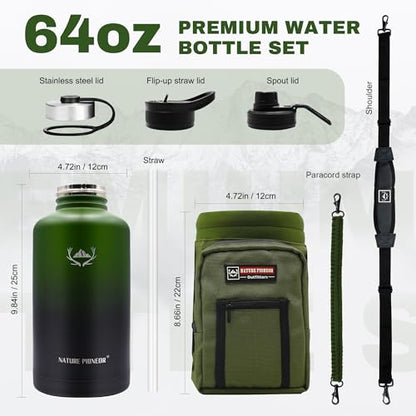 NATURE PIONEOR 64 oz Insulated Water Bottle with Carrier Bag & 3 Lids - color: Green Black, size: 64 Ounces