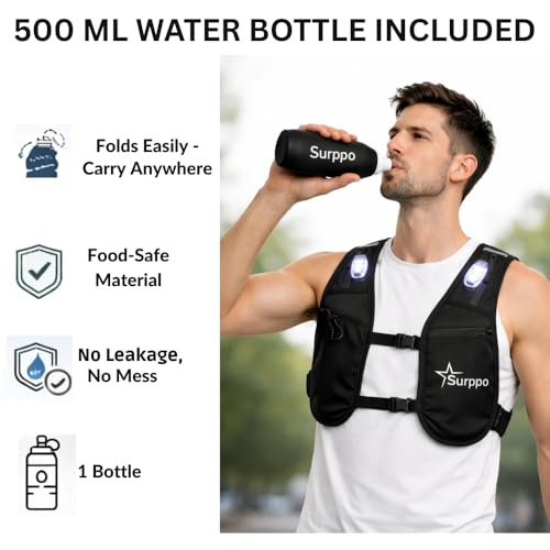 Running Vest for Women and Men, Adjustable Running Vest with Phone Holder, Hydration Vest with 500ml Soft Flask and 3 LED Lights, Reflective Running Backpack for Hiking, Cycling and Running