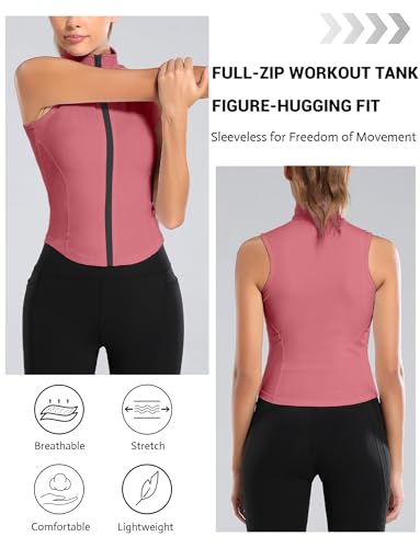 FEOYA Women Sleeveless Athletic Tank Top Shirts Full Zip Up Tshirt for Yoga Running Fitness Exercise - color: Upgrated Pink, size: Large