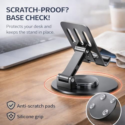 Mizi Universal Metal Phone Stand - 360°/720° Adjustable Rotation Desk Holder, Foldable & Stable with Non-Slip Weighted Base, Compatible with iPhone 17/16/15/14/13/12 Pro Max & All Smartphones - Grey - size: K73