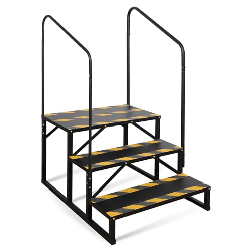 3 Step RV Stairs, Hot Tub Steps, Outdoor Spa Step Ladder with Double Handrail,Portable Economy 5th Wheel Stair for Travel Trailer, Motor Home, Camper and Porch with Non-Skid Tapes - size: RV Stairs - 3 Step with Double Handrail