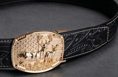 Dubulle Mens Ratchet Belt Gold Click Buckle Adjustable Leather Belts - color: Gold Jet Black, size: Adjustable from 24" to 38" Waist