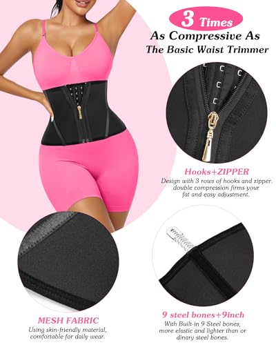 Women Waist Trainer Cincher 3 Straps Tummy Control Body Shaper - color: Black - 9 Inch - 9 Steel Bones - Hook & Zipper, size: Medium