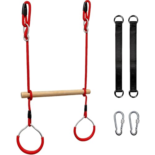 Trapeze Swing Bar with Gymnastic Rings Warrior Accessories for Obstacle Course Monkey Bars for Indoor Outdoor Garden, Backyard, Playground, Playroom, Red, Wood - color: Red