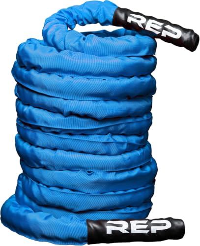 REP Fitness Battle Rope | 30/40/50 Ft Heavy Training Cord for Home Gym, Strength Workout, Cross Fit, Cardio Conditioning, Exercise Equipment with Protective Sleeve & Textured Grip Handles | 3 Colors - color: Blue With Sleeve, size: 2.0 x 30 ft