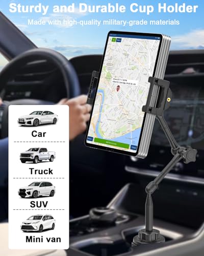 Tablet Holder for Car Cup Holder, [Full Motion Swivel 19.7" Height] Metal Tablet Car Mount for Truck, for iPad Pro Air Mini, Galaxy Tab, Z Fold, Fire, iPhone, 6-15.6" Devices, Cars Trucks SUVs