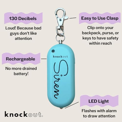 Knockout Siren - Teal - Personal Security Alarm Keychain - Rechargeable - Easy to Use - Super Loud - 130 DB - LED Flashlight - Emergency Safety Alarm for Women, Men, Children, Elderly - TSA Approved - color: Teal